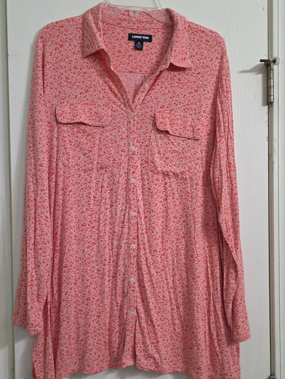 Lands' End Women's Coral Pink Floral Button-Down Shirt